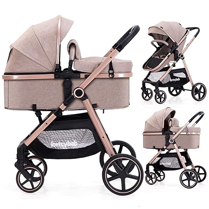 2-in-1 Baby Stroller with Bassinet Mode – Folding Infant Pram with Reversible Seat – Toddler Stroller for 0–36 Months (Beige)