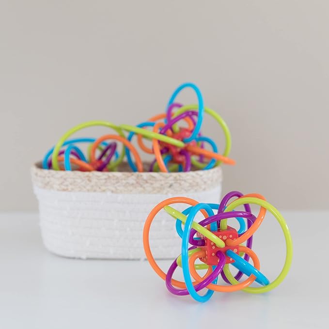 Winkel Rattle & Sensory Teether Toy, Blue/Green/Orange