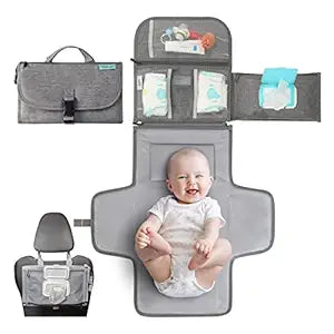 Baby Portable Diaper Changing Pad – Travel Mat with Wipes Pocket, Infant Travel Station, Grey