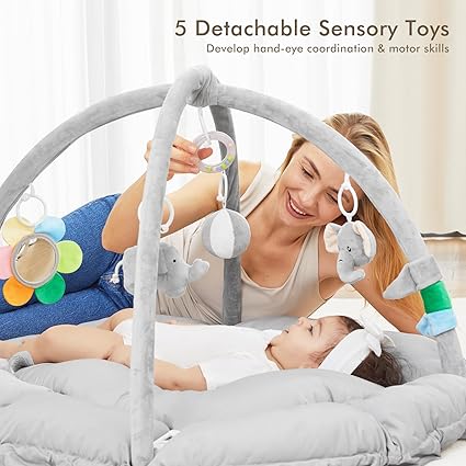 5 in 1 Baby Play Gym Mat, Reversible Tummy Time Mat with 5 Sensory Toys for Stage-Based Development, Thick & Large Baby Activity Center from Newborn to Toddler