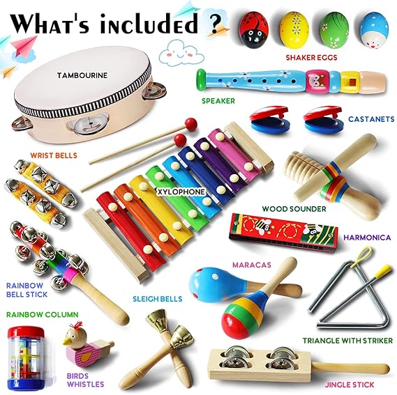 Toddler Musical Instruments, Wooden Percussion Instrument Toy Set for Kids, Baby & Preschool Educational Musical Toys with Storage Bag