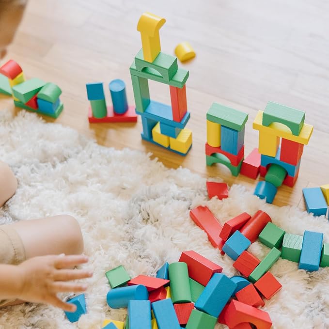 Wooden Building Blocks Set – 100 Blocks in 4 Colors and 9 Shapes – FSC Certified