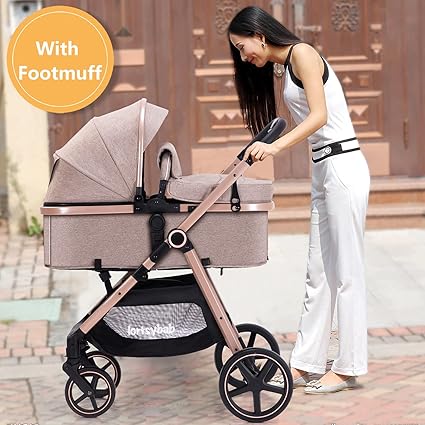 2-in-1 Baby Stroller with Bassinet Mode – Folding Infant Pram with Reversible Seat – Toddler Stroller for 0–36 Months (Beige)