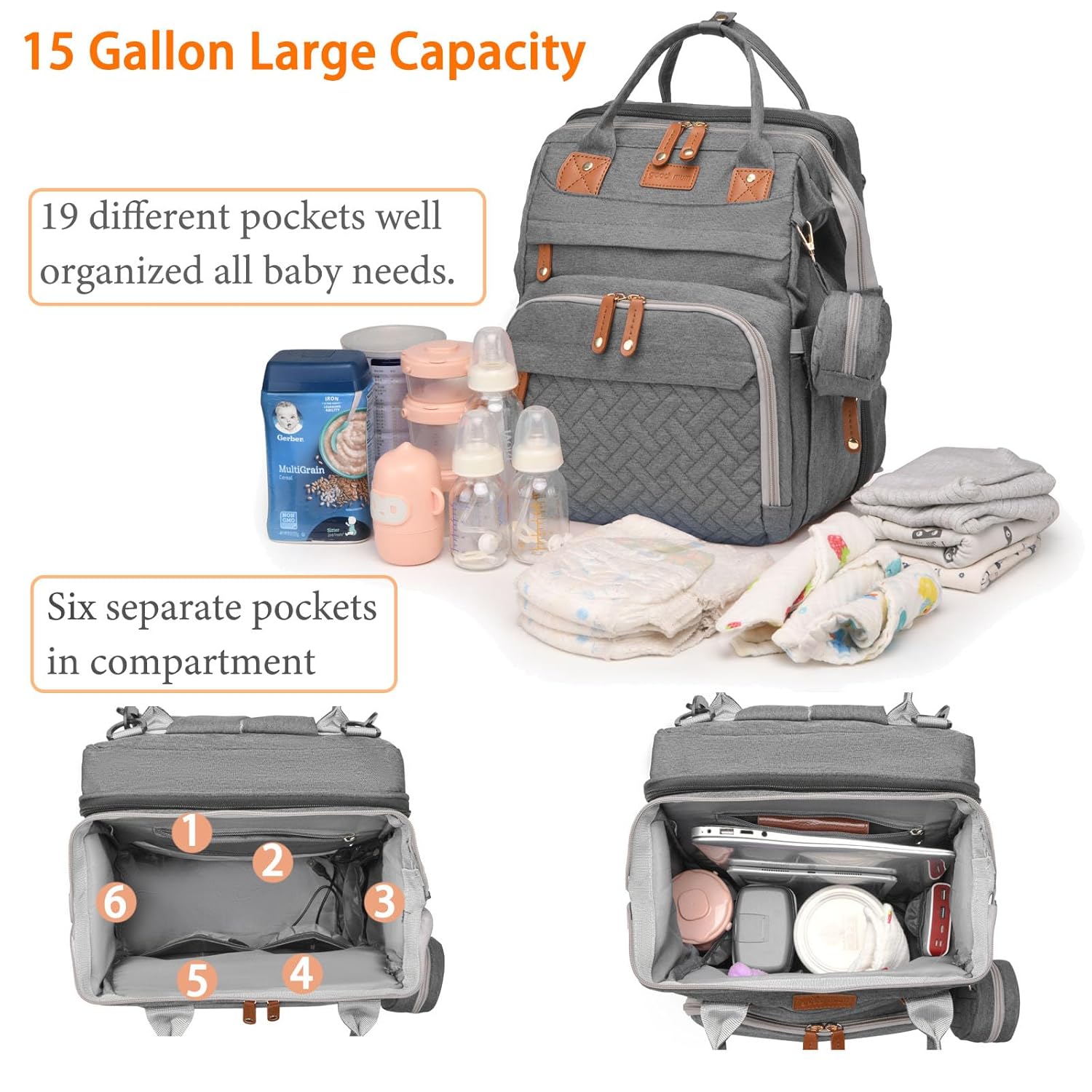 Baby Diaper Bag Backpack with Changing Station – Waterproof, Large Capacity, USB Charging Port, Grey