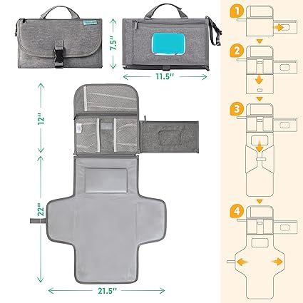 Baby Portable Diaper Changing Pad – Travel Mat with Wipes Pocket, Infant Travel Station, Grey