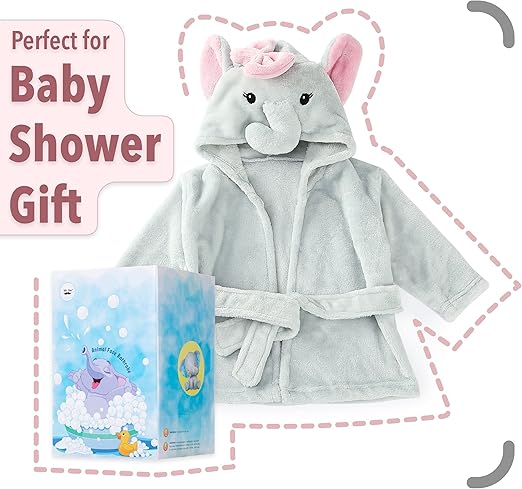 Baby Animal Face Robe – Unisex Plush Hooded Towel, 0–9 Months, Elephant