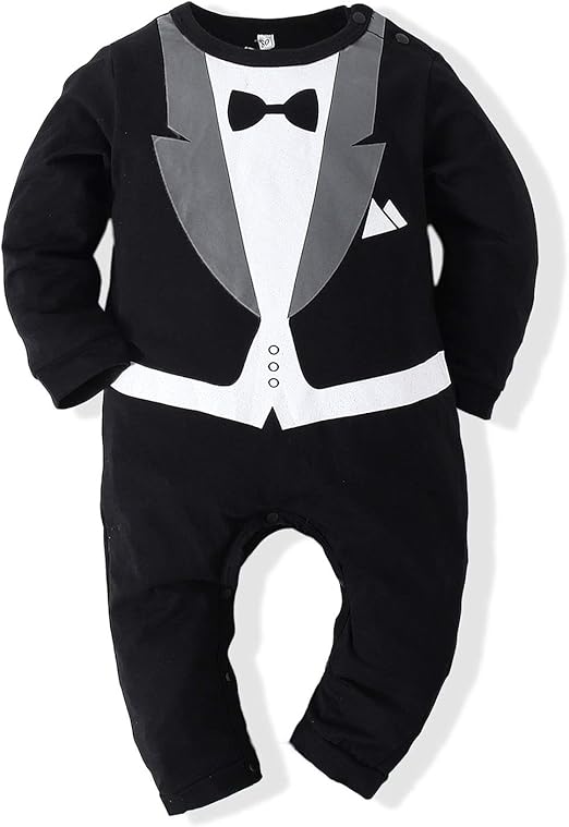 Baby Boy Romper Tuxedo Jumpsuit Gentleman One-Piece Button-Down Bowtie Wedding Suit Bodysuit