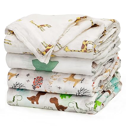 Baby Swaddle Blanket Unisex Swaddles Wrap, Soft Silky Muslin Neutral Receiving Blankets for Boys and Girls, Large 47 x 47 inches, Set of 4 - Fox/Elephant/Giraffe/Dinosaur