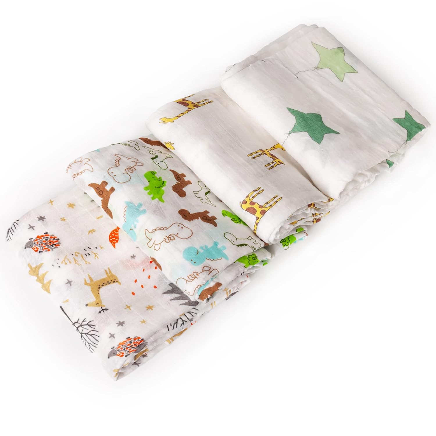 Baby Swaddle Blanket Unisex Swaddles Wrap, Soft Silky Muslin Neutral Receiving Blankets for Boys and Girls, Large 47 x 47 inches, Set of 4 - Fox/Elephant/Giraffe/Dinosaur