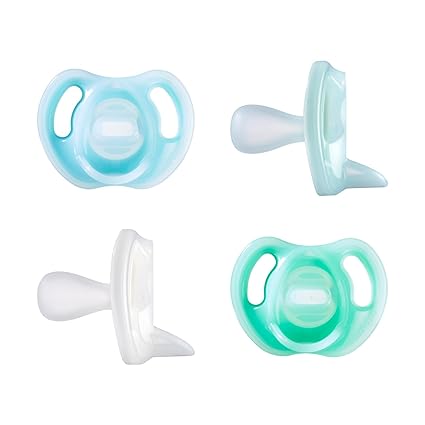 Ultra-Light Silicone Pacifier, 0-6 Months, Symmetrical One-Piece Design, BPA-Free Silicone Binkies, Blue/Green/Clear, Pack of 4