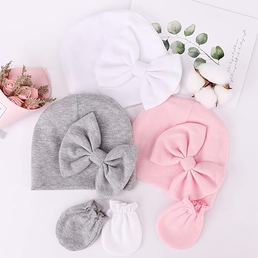 Newborn Baby Girls Hats Mittens Set, Hospital Hat Beanie, Infant Bow Hats, Baby Cotton Gloves for 0-6 Months