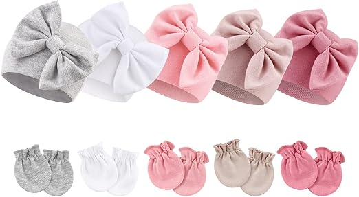 Newborn Baby Girls Hats Mittens Set, Hospital Hat Beanie, Infant Bow Hats, Baby Cotton Gloves for 0-6 Months
